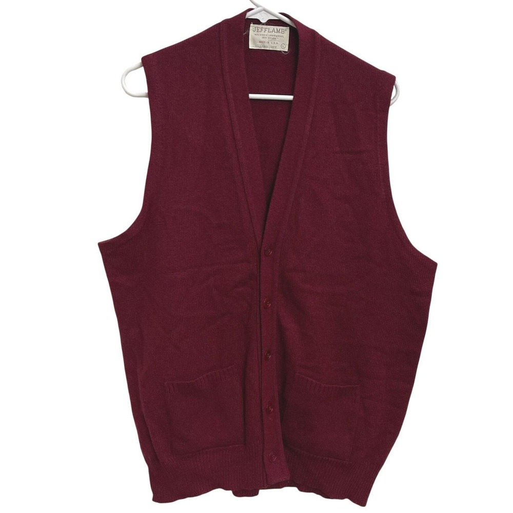 Vintage 80s Lord Jeff Jefflamb Wool Blend Sweater Vest Burgundy Preppy Large‎